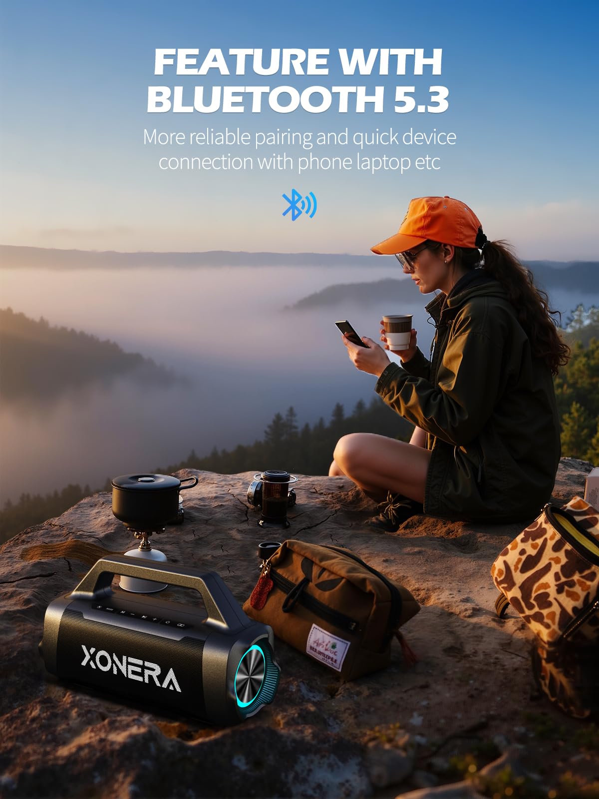 Xonera Speakers Bluetooth Wireless, 80W Peak Loud Outdoor Speaker with Bass, 20H Playtime, IPX6 Waterproof, TWS，BT5.3, Portable for Camping Hiking Boating Pool Beach(Black)