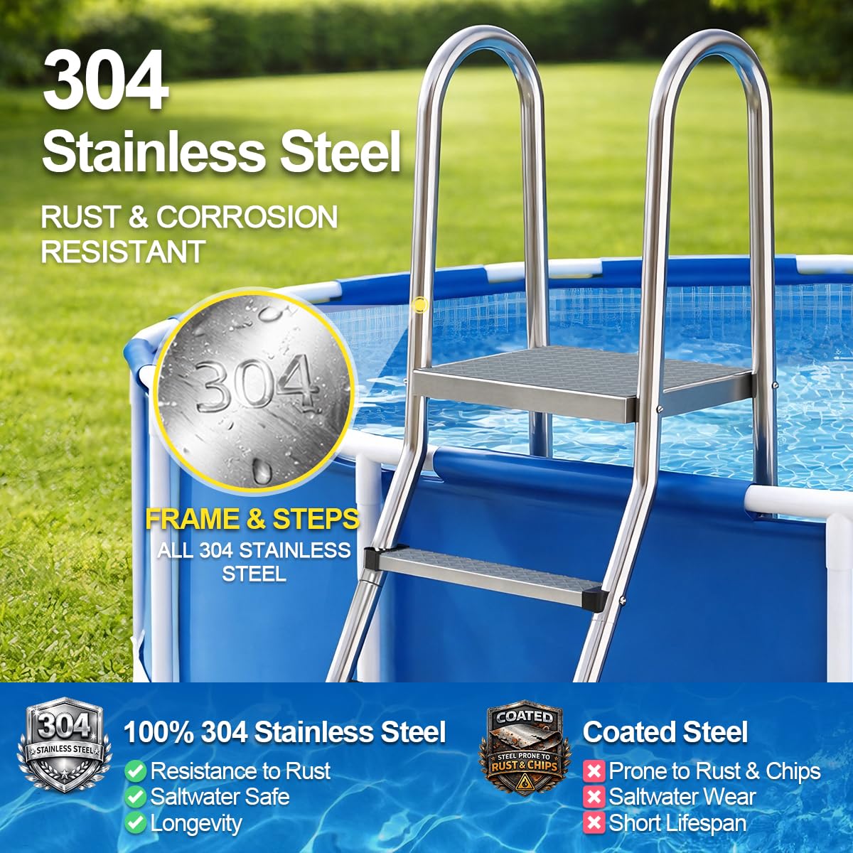 Abimars Above Ground Pool Ladder, 304 Stainless Steel Heavy Duty Pool Ladder with Non-Slip Wide Steps, 580 LBS Capacity, Fits 30-48 Inch High Pool Walls, Easy Entry for Outdoor Pools