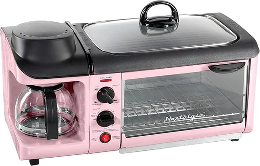 Nostalgia 3-in-1 Breakfast Station - Includes Coffee Maker, Non-Stick Griddle, and 4-Slice Toaster Oven - Versatile Breakfast Maker with Timer - Pink