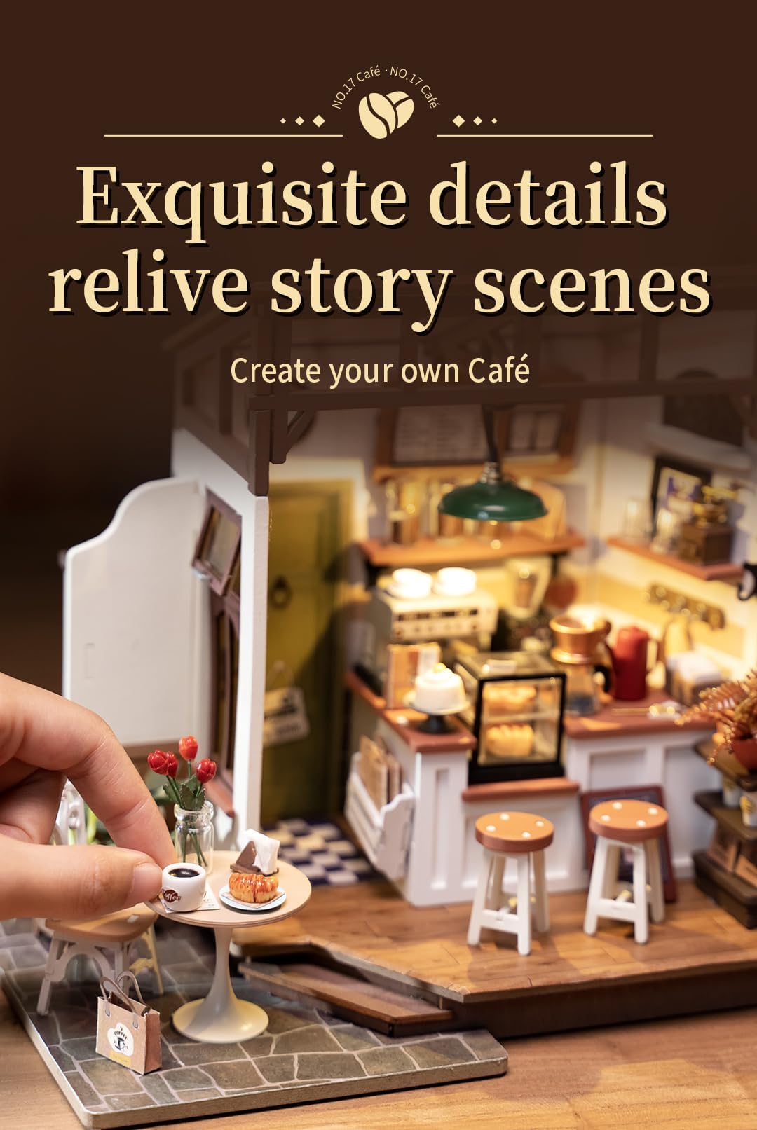 Rowood Coffee Miniature House Kit, Mother's Day DIY Miniature Dollhouse Kits for Adults to Build, Wooden Mini House Model Kits Adults Crafts with LED, Gift on Christmas Birthday for Family-NO.17 Cafe