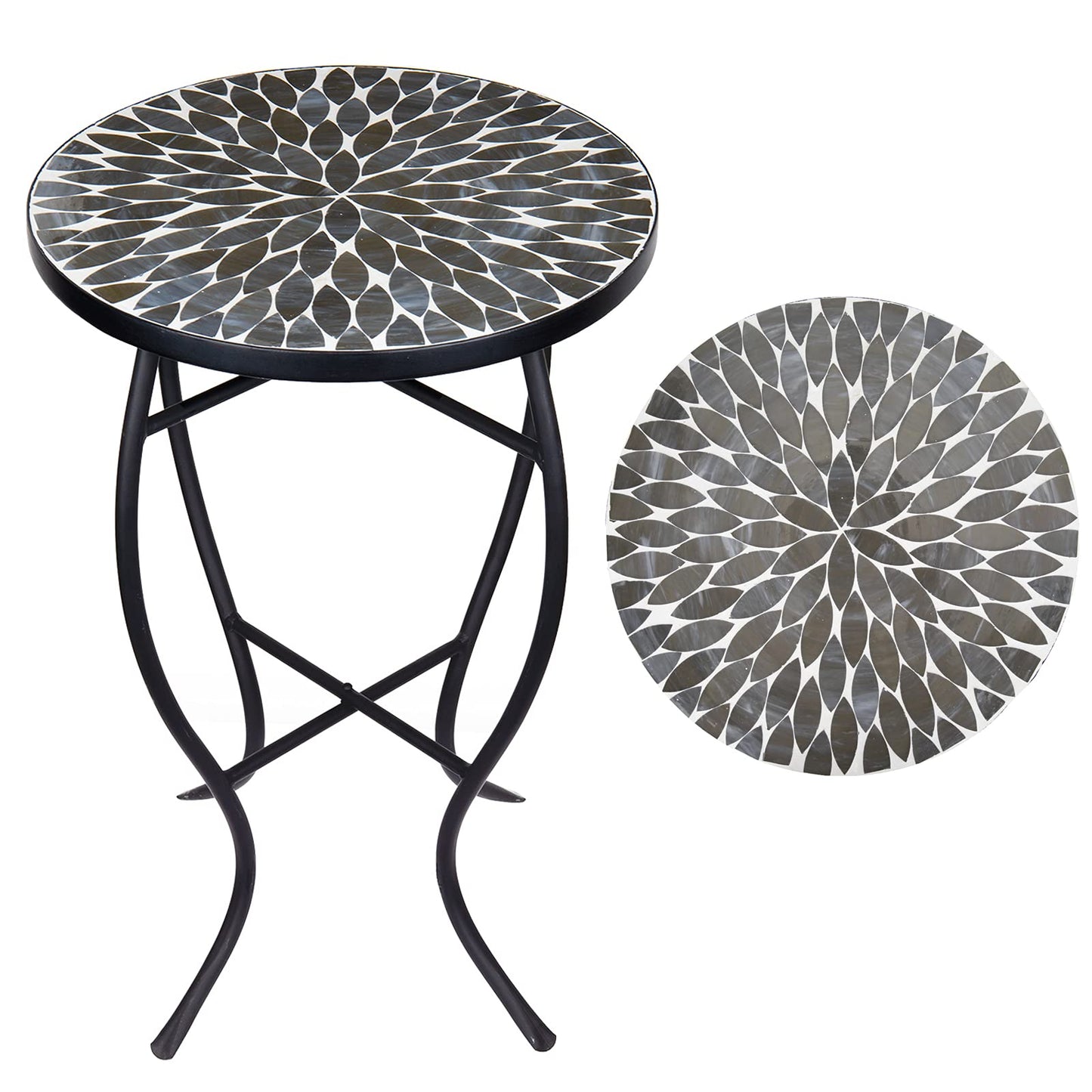 Vipush Outdoor Side Table Mosaic Accent Table End Table Plant Stand for Patio Garden Backyard Balcony Porch,14'' Round Mosaic Table Top with Black Iron,Grey