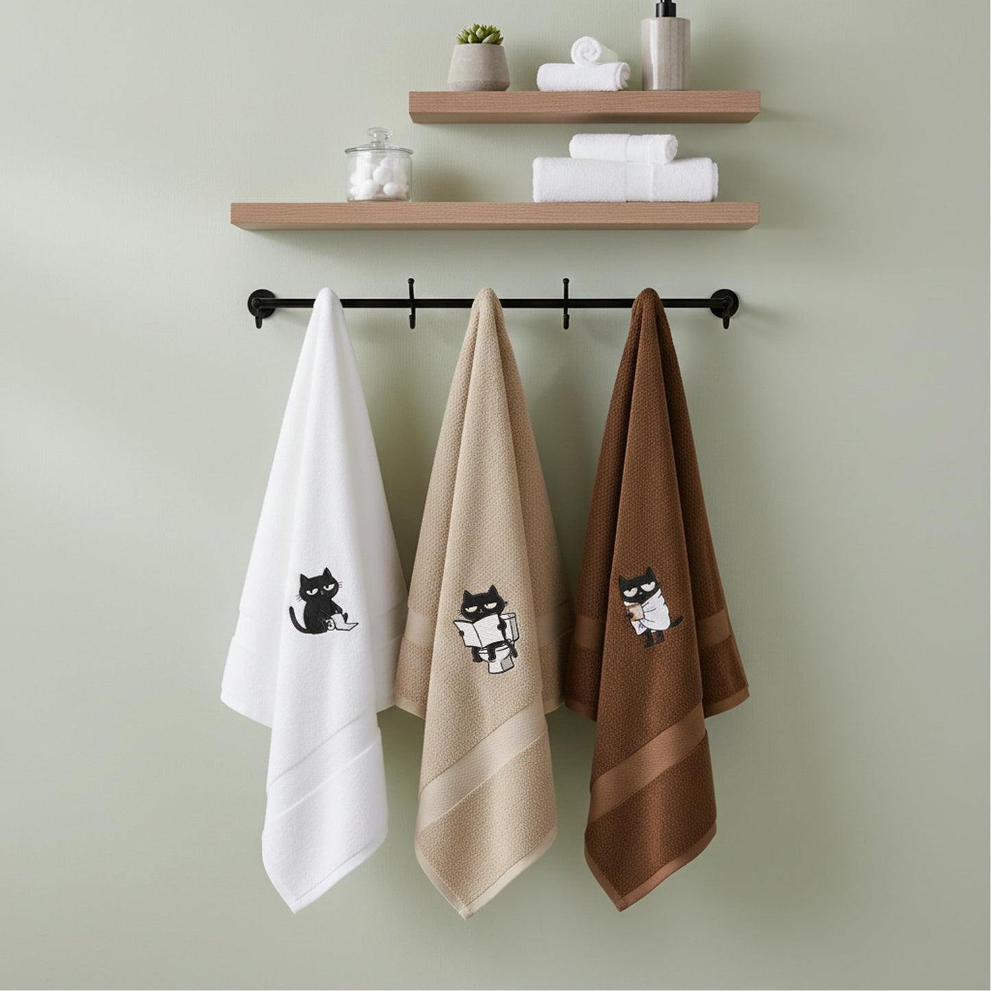 3Pcs 100% Cotton Soft Absorbent Embroidered Hand Towels, Black Cat Decorative Towels for Bathroom and Kitchen, Funny Cat Hand Towels Bathroom Decor, Cat Lover Gifts for Women, 15.75 x 31.5 Inches