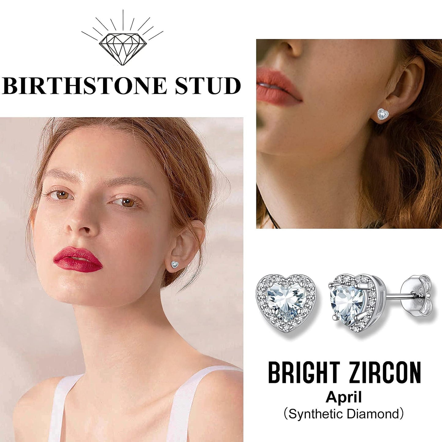 Bestyle 925 Sterling Silver Heart Cut Birthstone Stud Earrings for Women, April White Diamond Stud Earrings with Love and Purity, Best Women Earrings for Everyday Wear