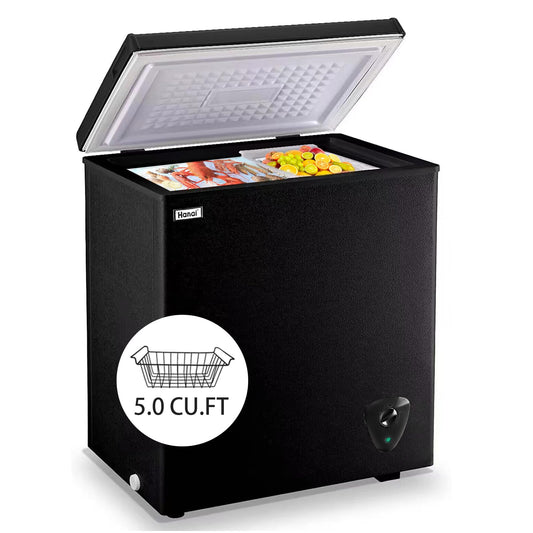 Chest Freezer 5.0 Cu.Ft Small Deep Freezer Black Top Door Mini Freezer with Removable Basket, Low Noise, 7 Adjustable Temperature and Energy Saving Perfect for Home Garage Basement Dorm or Apartment