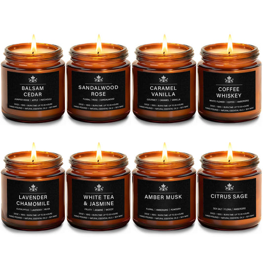 8 Pack Soy Wax Scented Candles Gift Set, Aromatherapy Candles with Lavender Chamomile, Citrus Sage, Caramel Vanilla, Coffee Whiskey, Long Lasting Stress Relief Candle, Unisex Home & Gift Set