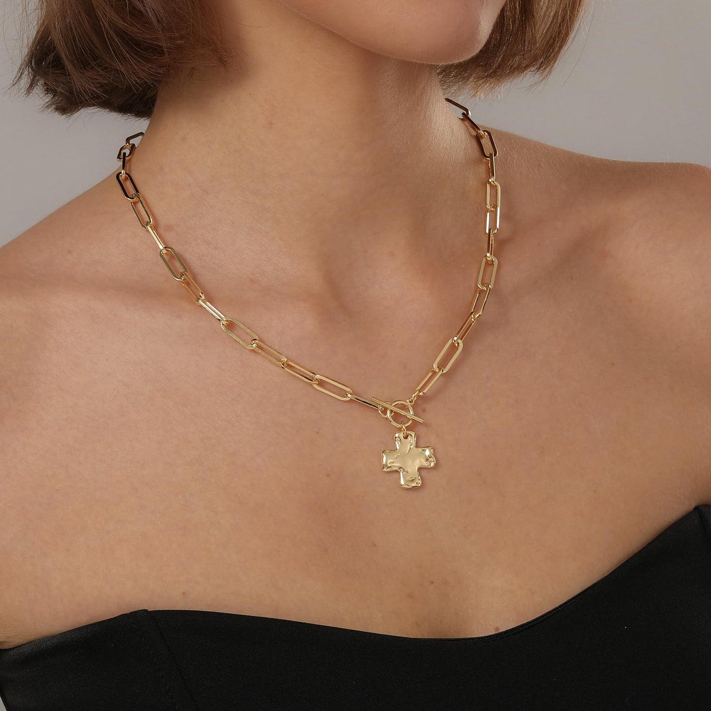 Bheop Chunky Cross Necklace for Women Trendy 14K Real Gold Plated Statement Cross Pendant Charm Necklace Toggle Clasp Long Big Paperclip Faith Chain Costume Jewelry Gift Non Tarnish 2CM