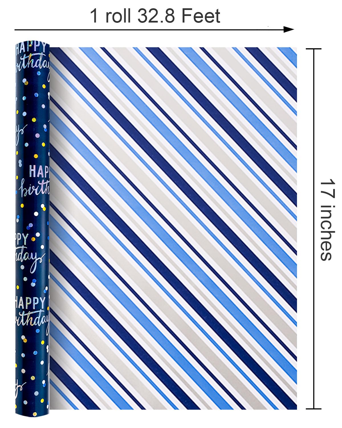 MAYPLUSS Birthday Wrapping Paper Roll, Blue Metallic Holographic Happy Birthday Wrapping Paper Featuring Revesible Stripe Gift Wrap Paper for Boys Kids Girls Men, 17 Inches x 33 Feet