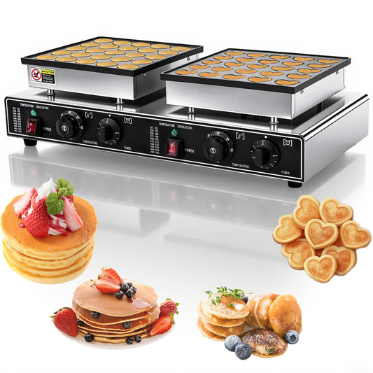 1800W Mini Pancake Maker 50Pcs Two-in-one Round-Shaped and Heart-Shaped Electric Dutch Pancakes Maker Nonstick and Quick Heat-Up for Kitchen Restaurant Breakfast Dessert