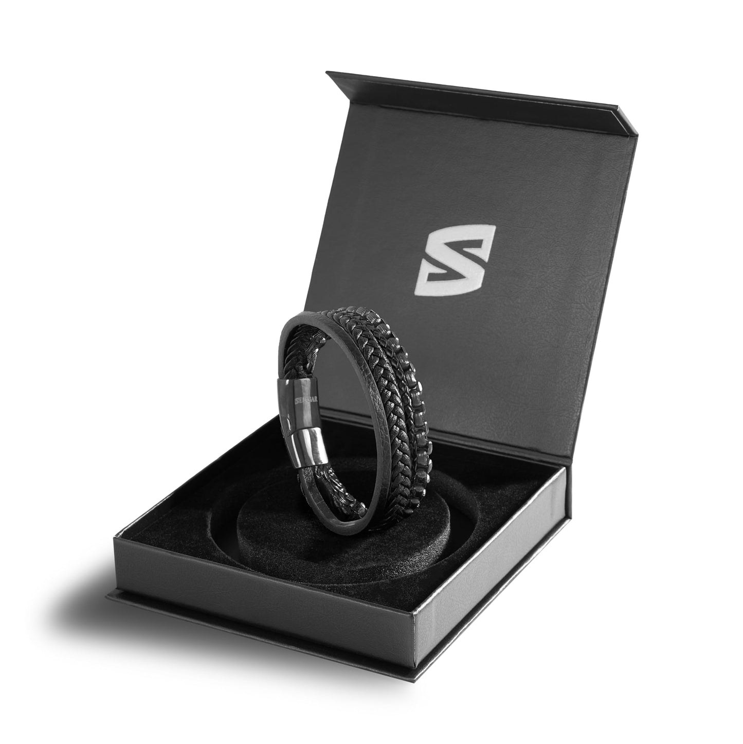 SERASAR Pulsera de Cuero Negro para Hombre, 17cm, Caja Regalo, Real, Piel Vaca, Ajustable, Cierre Magnético, Cuerda Envoltura, Masculino, Pulseras, Banda, Joyas, Imán