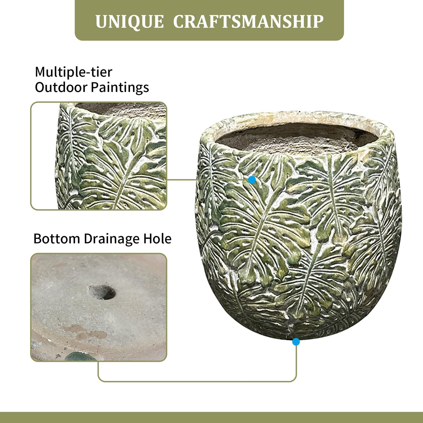 ShangDemonMaster Craft flowerpots 18"+13"+9" Dia Round Concrete Planter Set of 3 Large Outdoor/Indoor Planter Pots Containers with Drainage Holes and Rubber Plug for Home Garden (Green, Large)