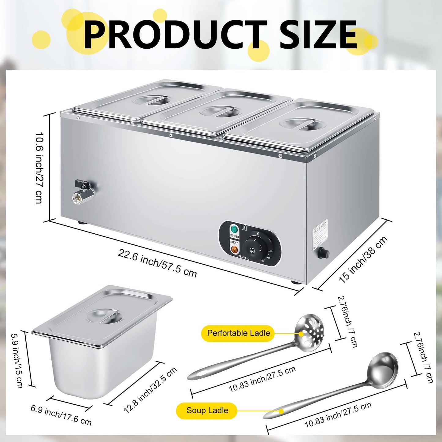 Electric Commercial Food Warmer 110V Buffet Food Warmer Stainless Steel Electric Countertop Steamer with Temperature Control, Tap and Lid for Catering Restaurant Parties (3 Pan)