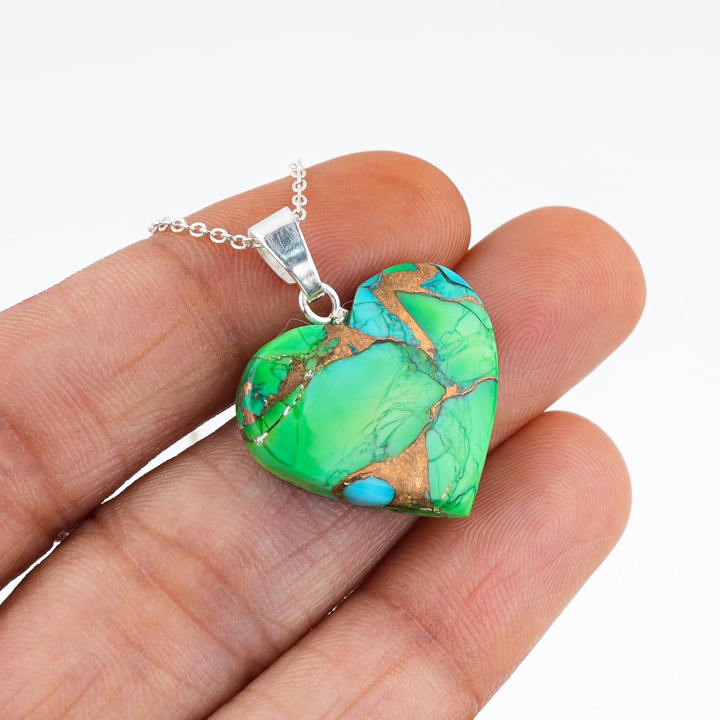 Yashee Natural Green Oyster Turquoise Heart Shape Crystals Pendant Necklace, Chakra Energy Healing Gemstone, Real Crystal, Top Grade, Dainty Beautiful Women Simple Jewelry
