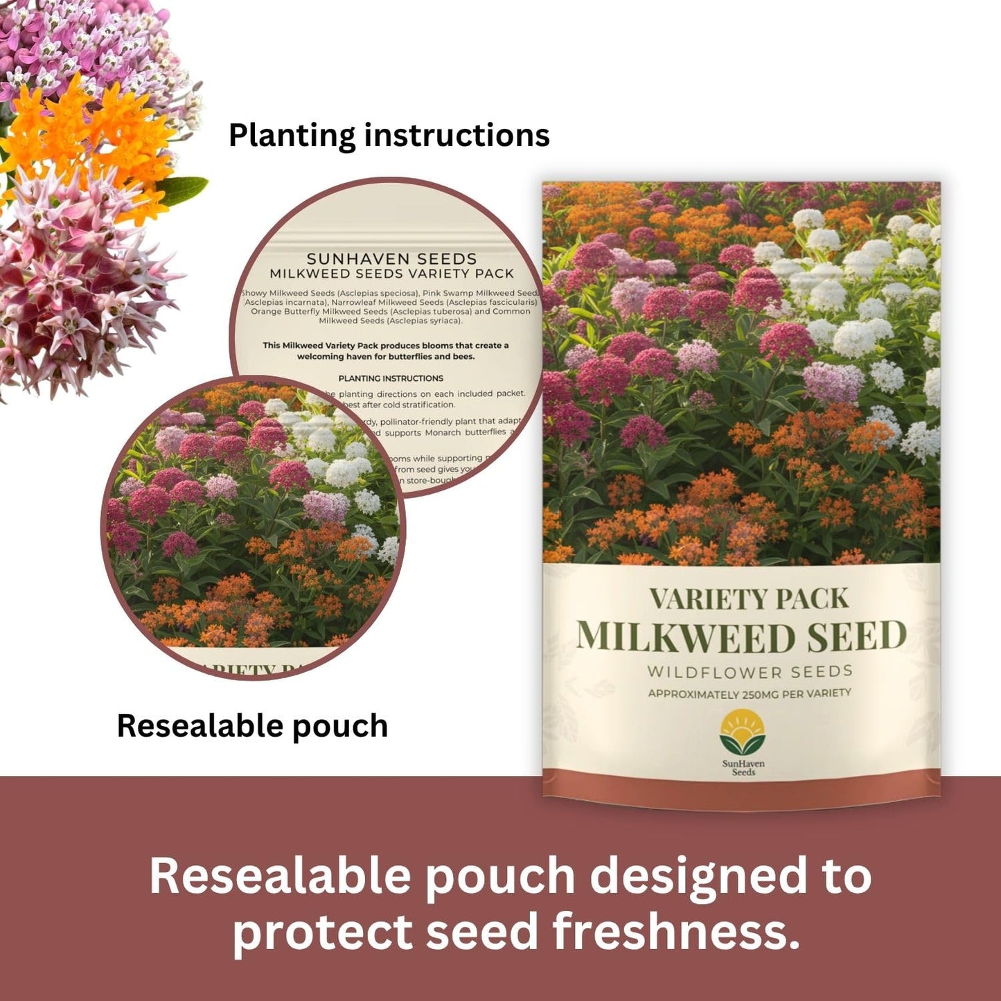 SunHaven Seeds Native Milkweed Variety Pack - 5 Essential Species for Monarch Butterfly Gardens - Common, Swamp, Butterfly Weed, Showy & Narrowleaf - Non-GMO Native Wildflower Seeds for Pollinators