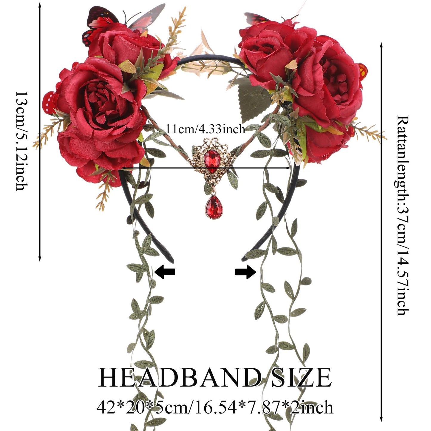 MOSTORY Red Fairy Flower Headpiece - Floral Elf Crown with Vines for Woodland Fairy Accessories Women, Forest Flower Headband with Butterflies for Renaissance Renfaire Cosplay