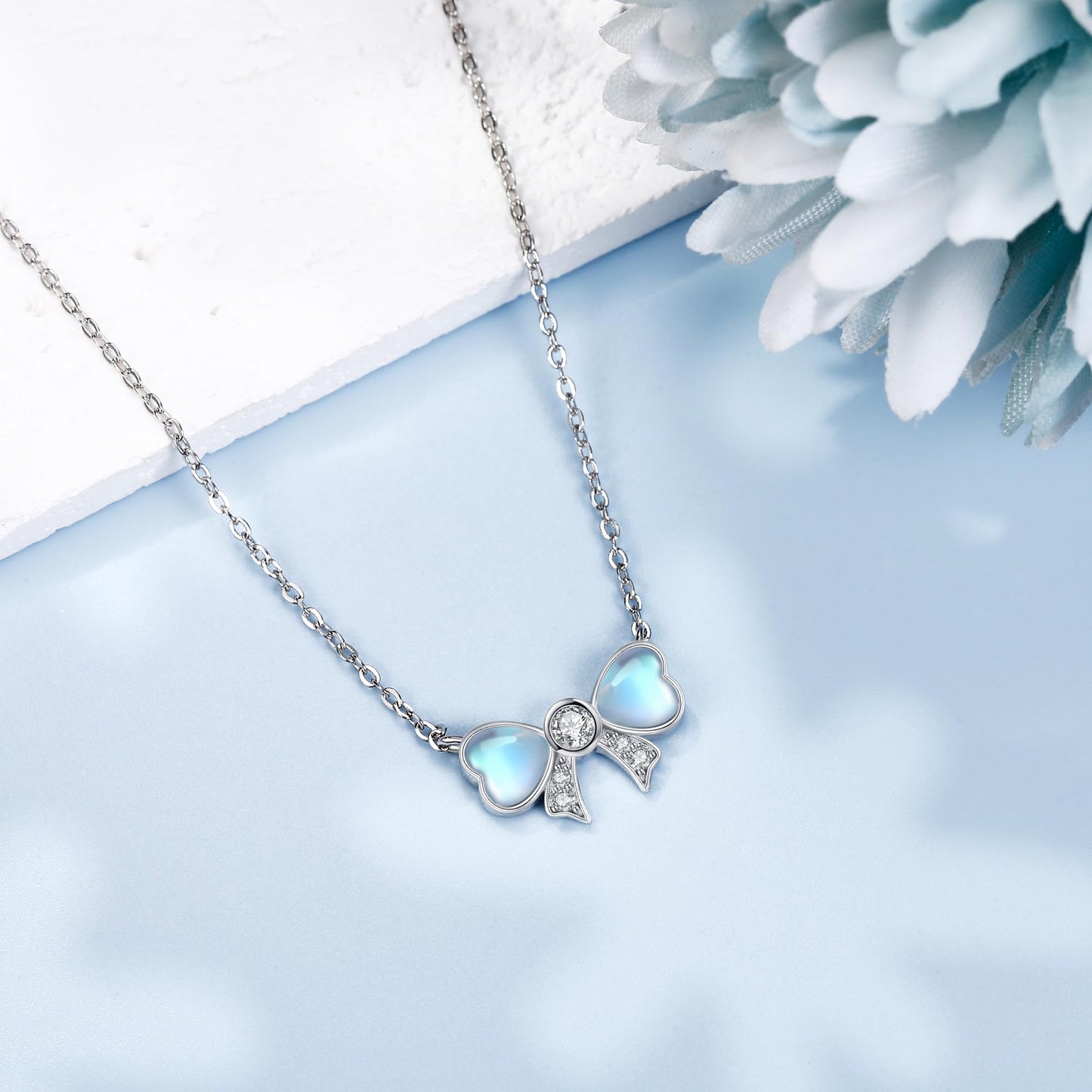 YAFEINI Bow Necklace 925 Sterling Silver Moonstone Bowknot Pendant Ribbon Mother's Day Jewelry for Women Mom