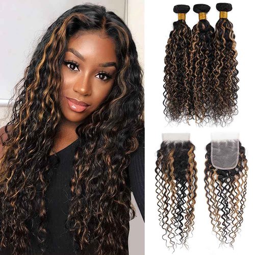 Highlight Water Wave Bundles with Closure Human Hair Honey Brown Balayage Curly Wave Human Hair Bundle 1B/27 Colored 3 Bundles with 4x4 HD Lace Closure Free Part (10 12 14+10)