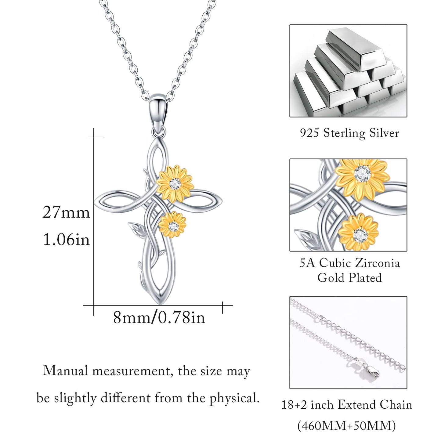 Silikepa Sunflower Necklace for Women 925 Sterling Silver Sunflower Cross Pendant Necklace You Are My Sunshine Pendant Jewelry Gift for Women