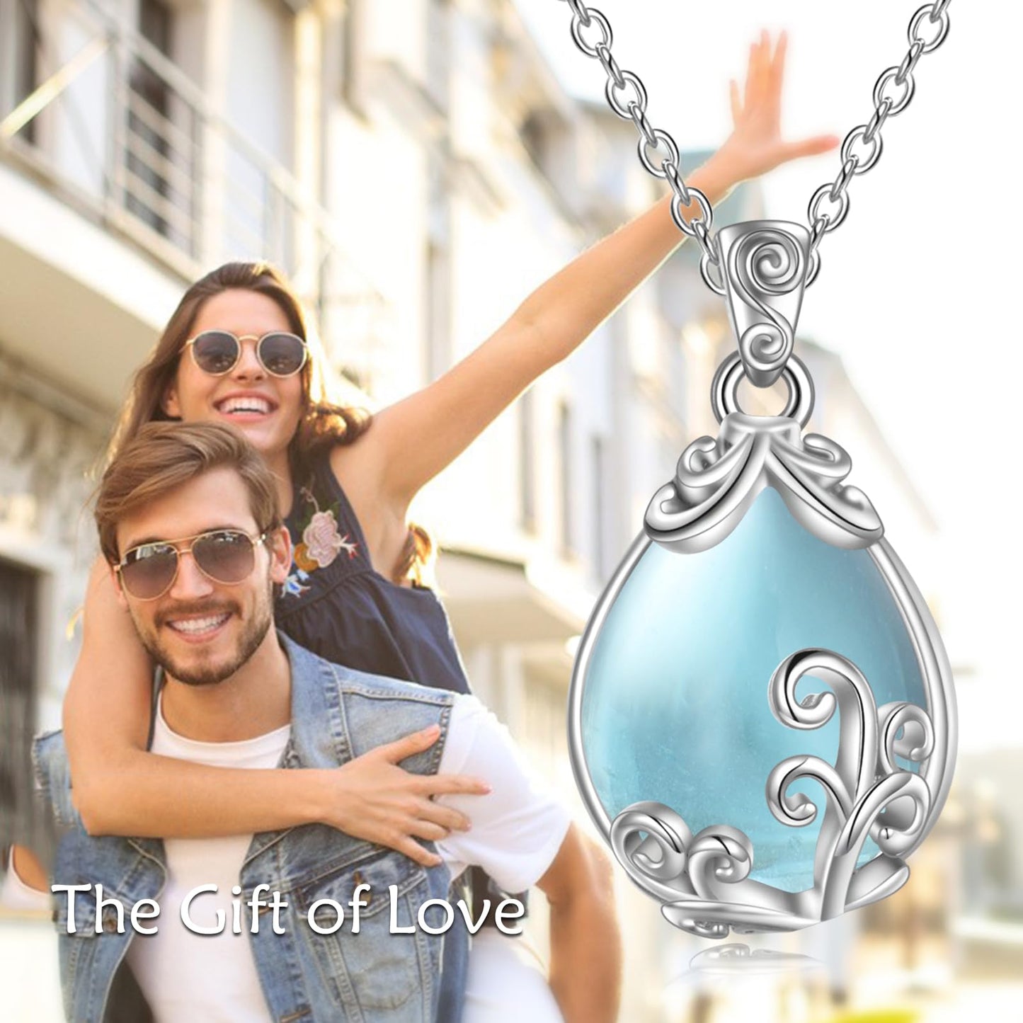 POPLYKE Sterling Silver Aquamarine Filigree Teardrop Pendant Necklace Gemstone Crystal Jewelry for Women