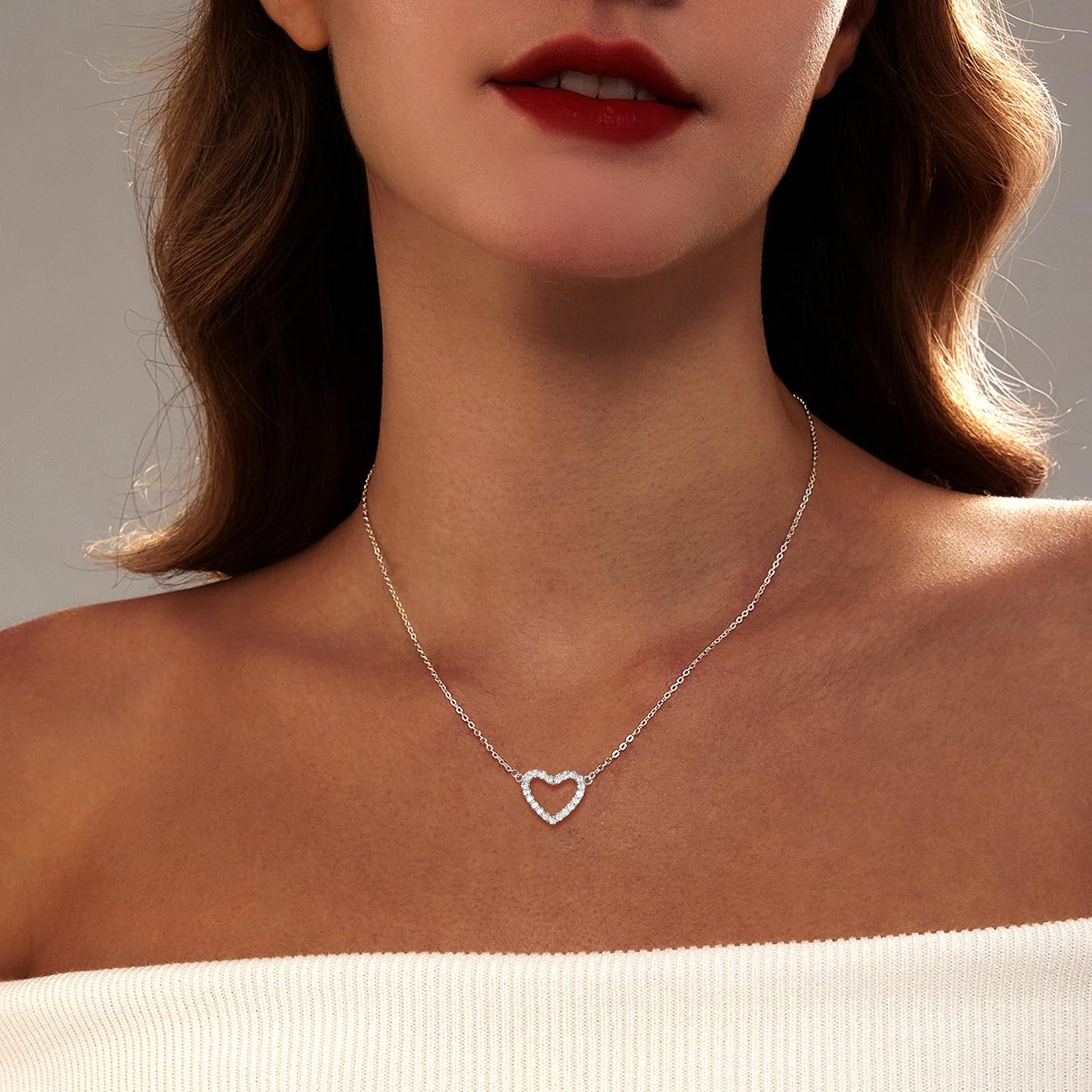 Zeffy Silver Cubic Zirconia Heart Necklace Open Heart Choker Trendy Dainty Simple Silver Jewelry for Women Gifts
