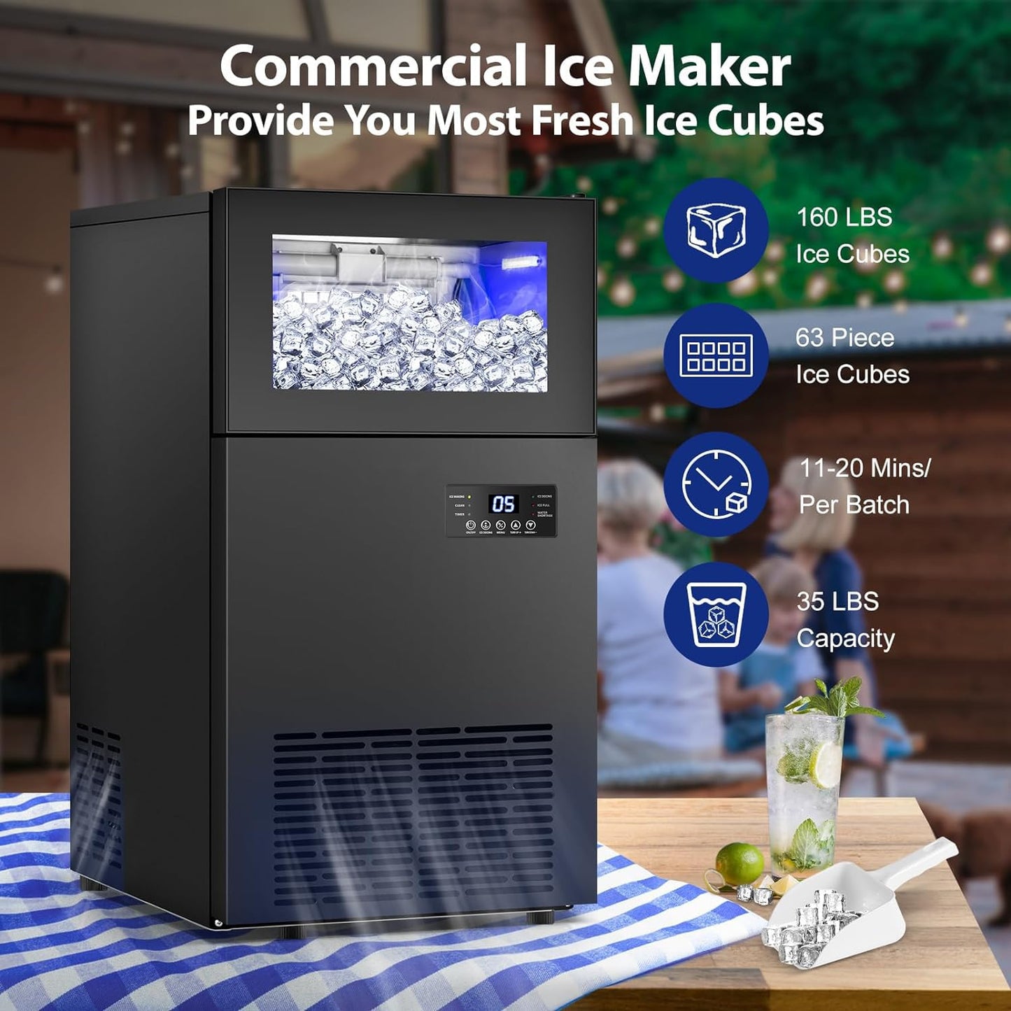 TAZPI Commercial Ice Maker 160 LBS/24H, 15" Wide Under Counter Ice Maker with 35LBS Ice Storage Capacity, Commercial Ice Machine 63Pcs Clear Ice Cubes Built-in or Freestanding Large Ice Machine