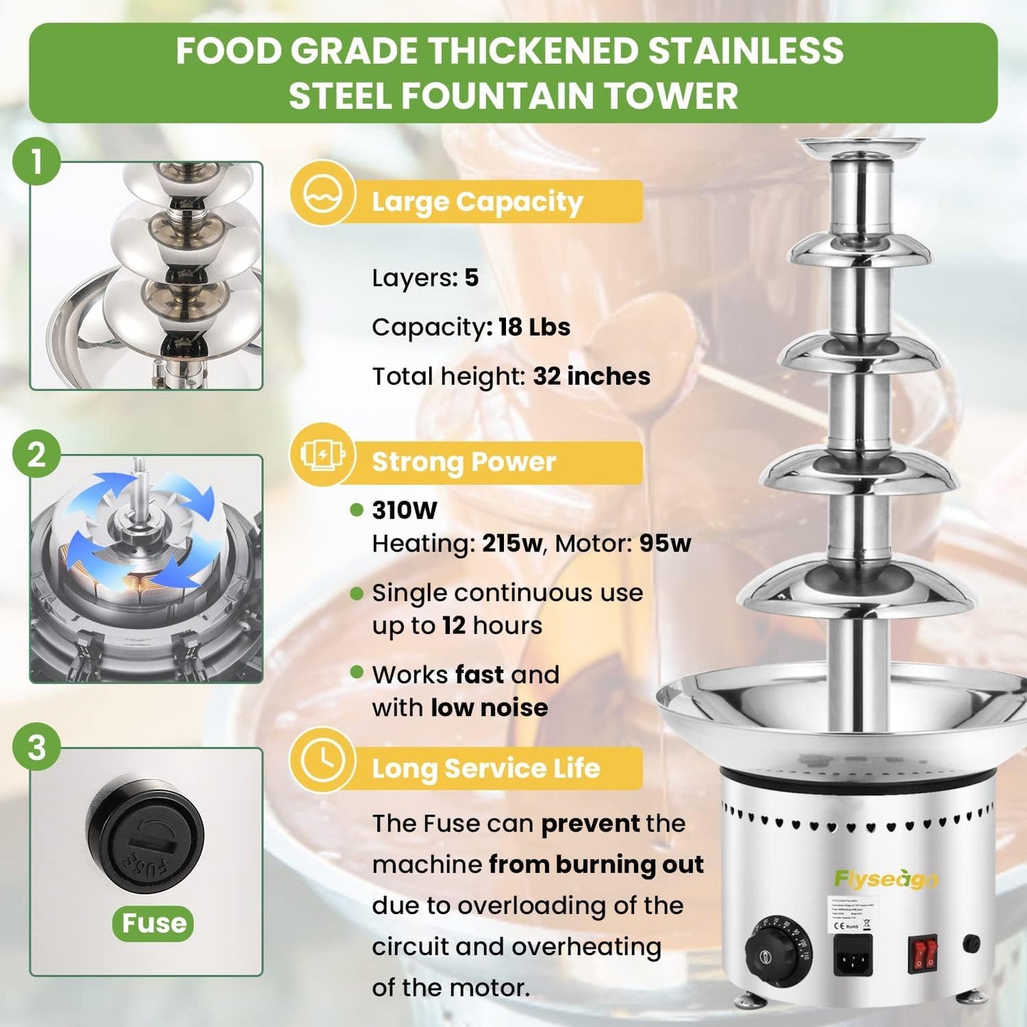 Flyseago Commercial Chocolate Fountain 5 Layers 18Lbs Large Chocolate Fondue Tower Stainless Steel Hot Chocolate Waterfall for Nacho Cheese Knob Control