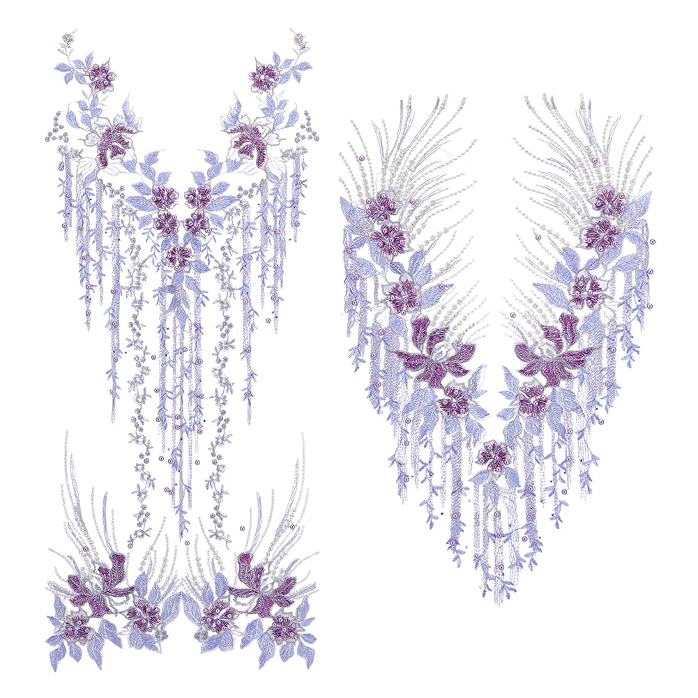 NBEADS 12 Yards Beaded Pearl Flower Fabric, 12.2inch Wide Beaded Flower Lace Applique 3D Floral Embroidered Mesh Fabric Handmade Sewing Tool for DIY Neckline Bodice Wedding Bridal Prom Dress, Lilac