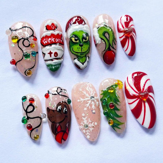 30Pcs Christmas Press on Nails Medium Almond Fake Nails with Colorful Rhinestones Light Strip Xmas Tree Cartoon Design Cute Holiday Stick on Nails 3D Handmade Christmas False Nails for Women Grils DIY