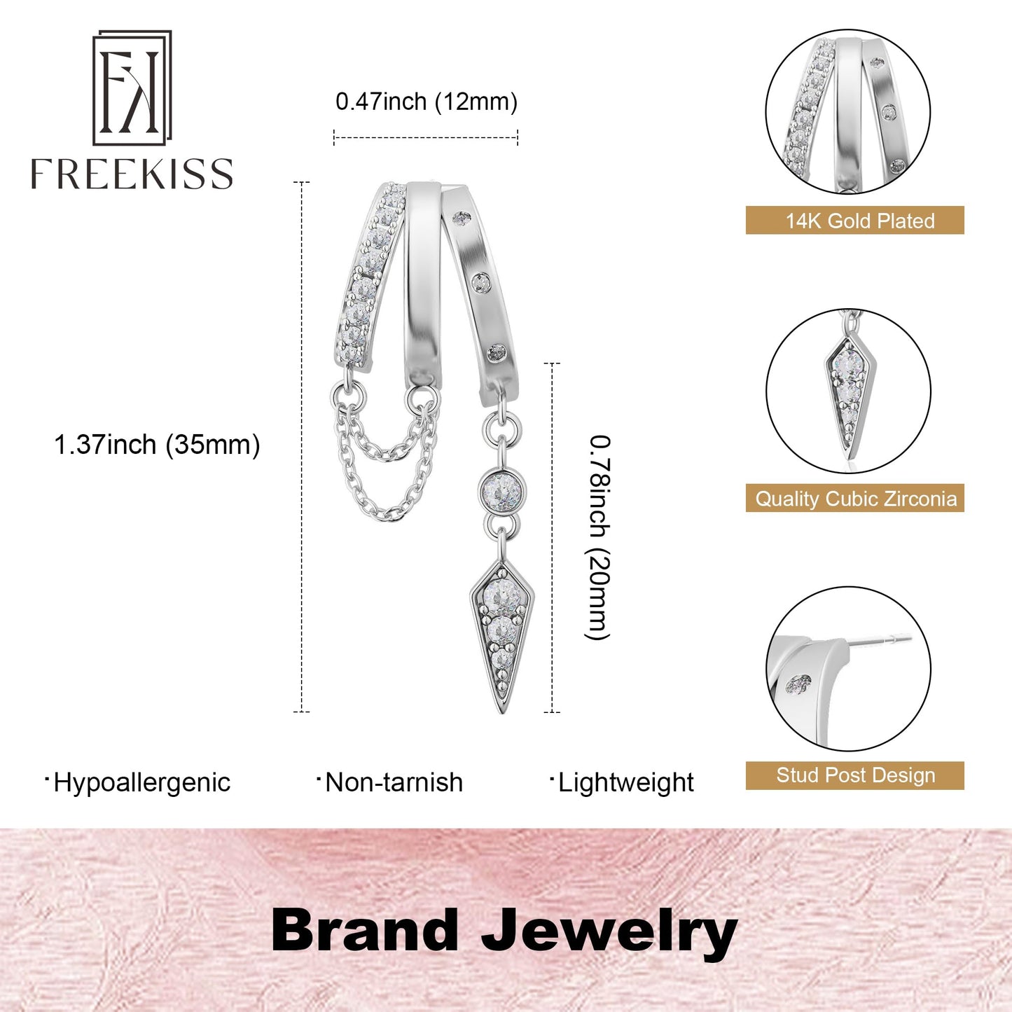 Freekiss Silver 3 Hoop Illusion Huggie Earrings for Women, Dainty Dangle Drop Chain Stud Earrings with Zircon, Sterling Silver Plated Hypoallergenic Women Jewelry Trendy