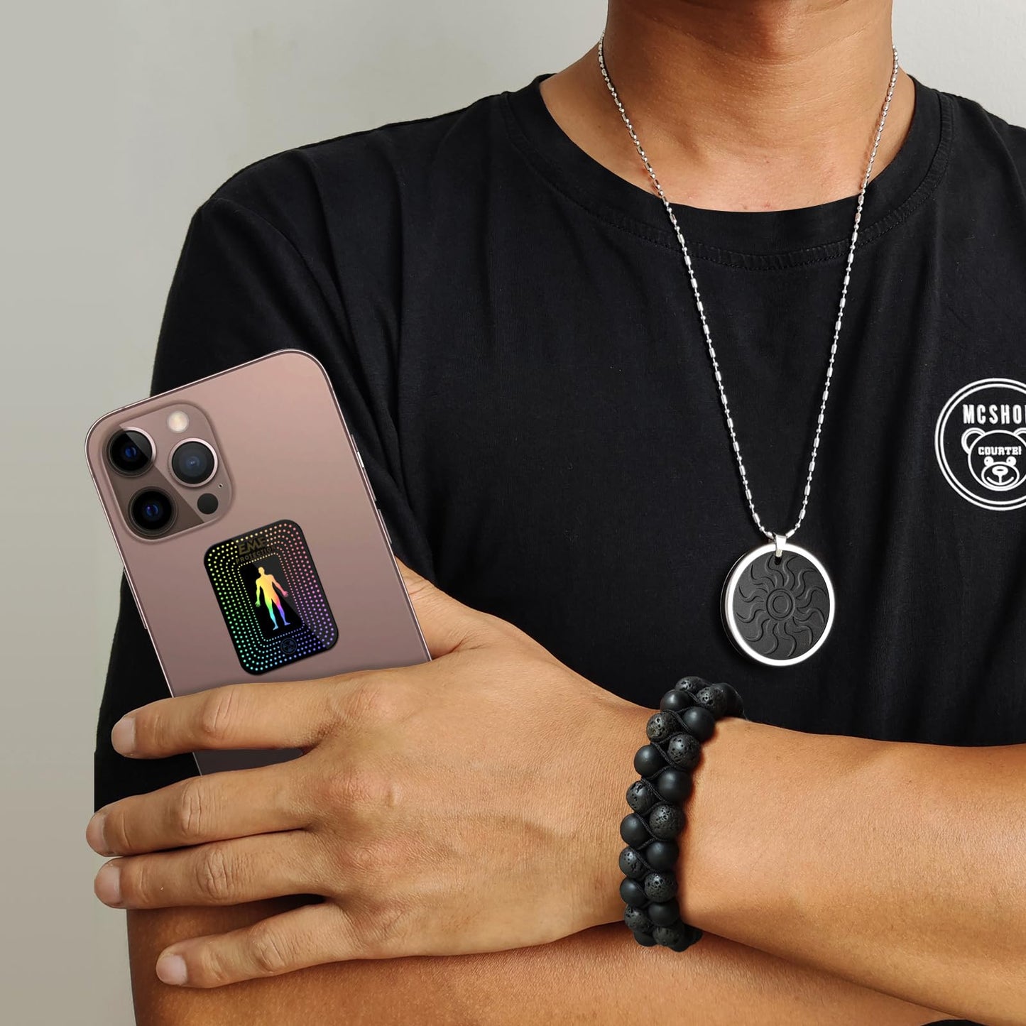 Necklace Pendant and Bracelet and Sticker (3 in 1 SET), Pendant - Metal Frame Protection, Bracelet - Two Layers of Beads, Sticker - Shungite Protection, Reduce Anxiety, Relieve Stress, for Women/Men