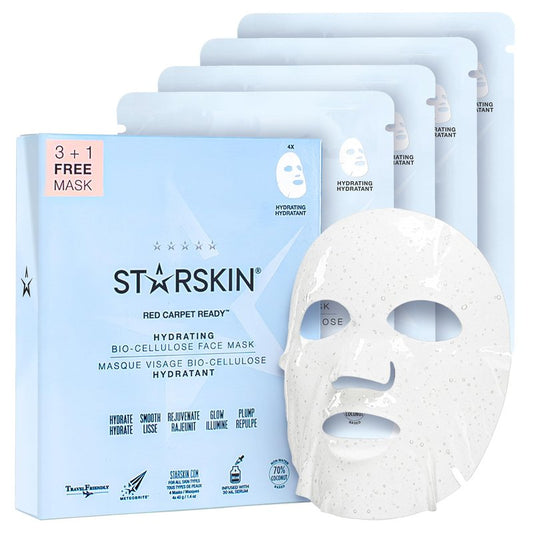 STARSKIN Hydrating Face Mask, Bio-Cellulose & Probiotics, 3+1 Pack, Deep Hydration & Nourishing, Revitalizing & Anti-Aging, Glass Skin, Cooling, Moisturizing, Korean Face Mask, Red Carpet Ready