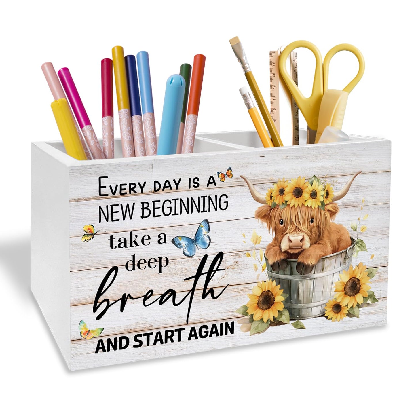 METNBASYY Inspirational Highland Cow Pen Holder for Desk, Highland Cow Lover Gifts Pencil Organizer, Rustic Sunflower Heifer Wooden Box Sign Desk Decor for Girls Room Home Office Decoration