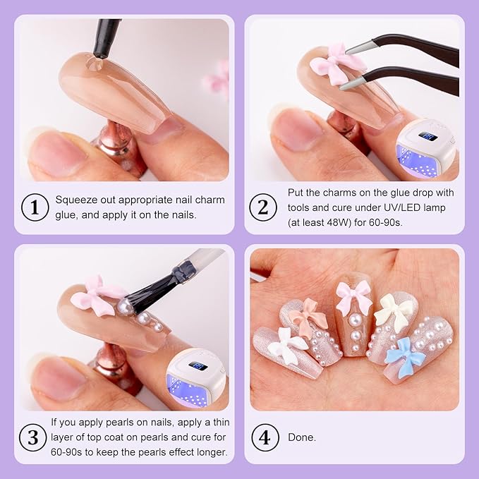 Cute Bow Charms and Flatback Pearls Set - 10, 120 Pcs Pink, White, Lilac Bow Charms + 2-4mm White Nail Pearls with Pickup Tweezer and Pencil for Nail Art Decoration