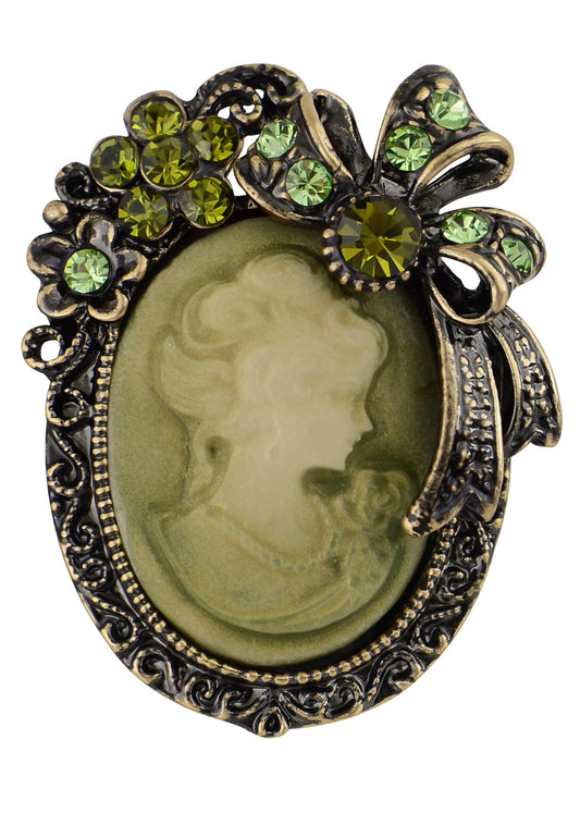Alilang Vintage Elegant Cameo Victorian Lady Maiden Crystal Rhinestone Pin Brooch, Green