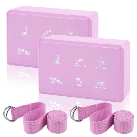 2 Yoga Block and Yoga Strap Set, FHDUSRYO High Density EVA Foam Blocks, Non-slip Yoga Bricks with 6ft Strap, Supportive Latex-Free Yoga Block Kit to Improve Balance and Flexibility (Pink, 9×6×3")