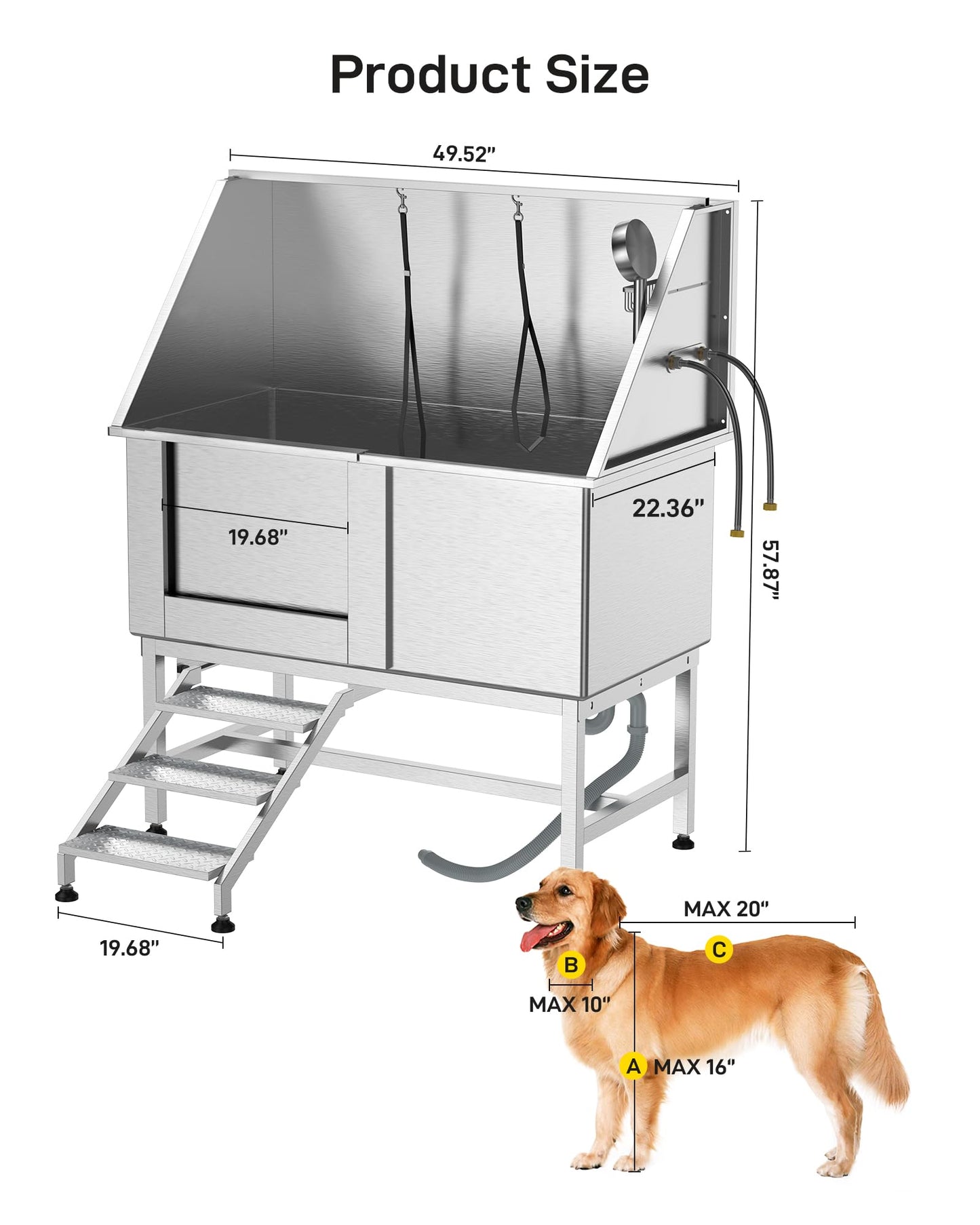 Hipicute 50 inch Professional Stainless Steel Dog Bathing Station, Dog Grooming Tub, with Stairs, Floor Grate & Faucet for Dog Bathtub for Medium & Small Pets