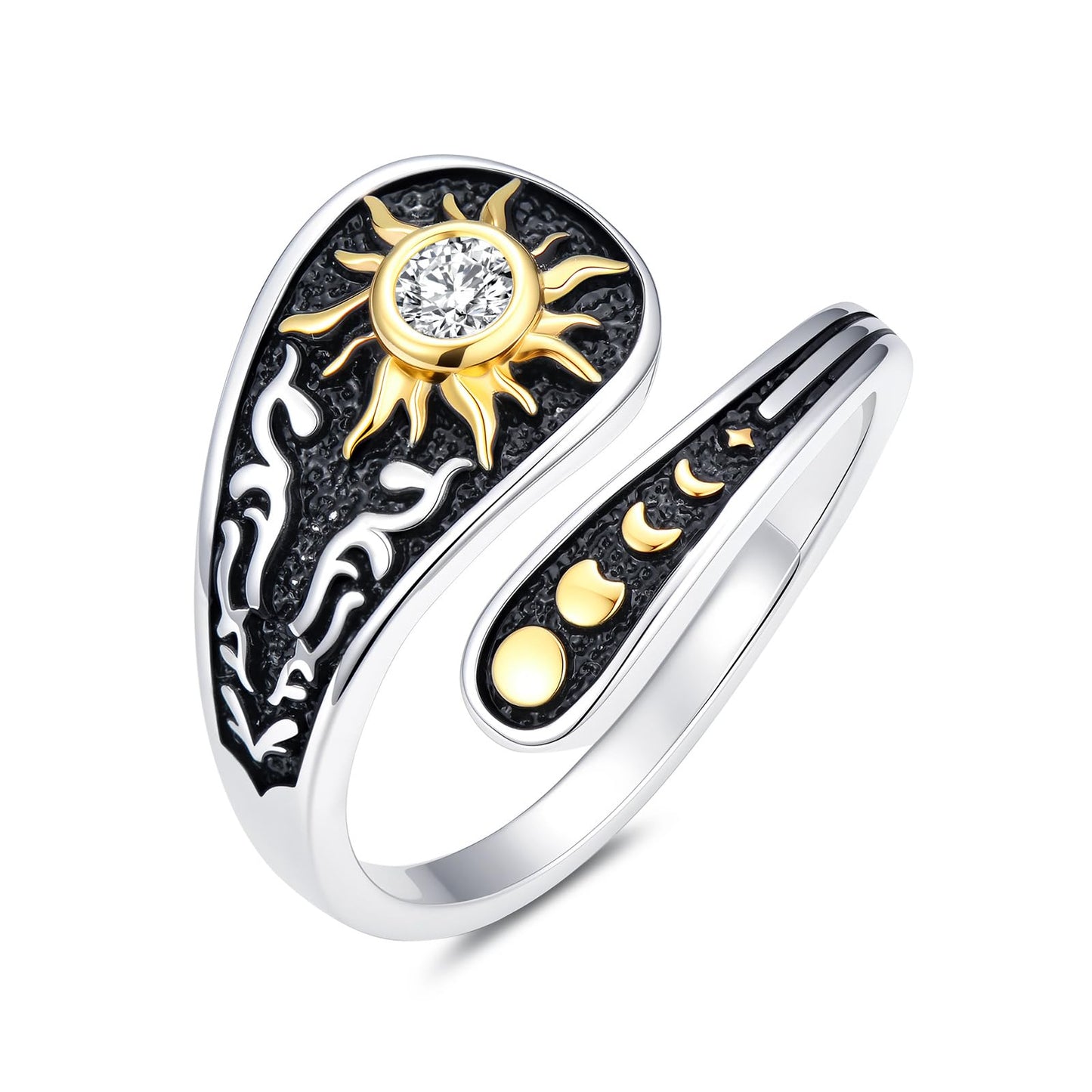 Midari Sun and Moon Star Spoon Rings Cubic Zirconia 925 Sterling Silver Adjustable Sun and Moon Thumb Vintage Finger Open Spoon Ring Moon Phase Jewelry Halloween Christmas Birthday for Women Daughters Friends