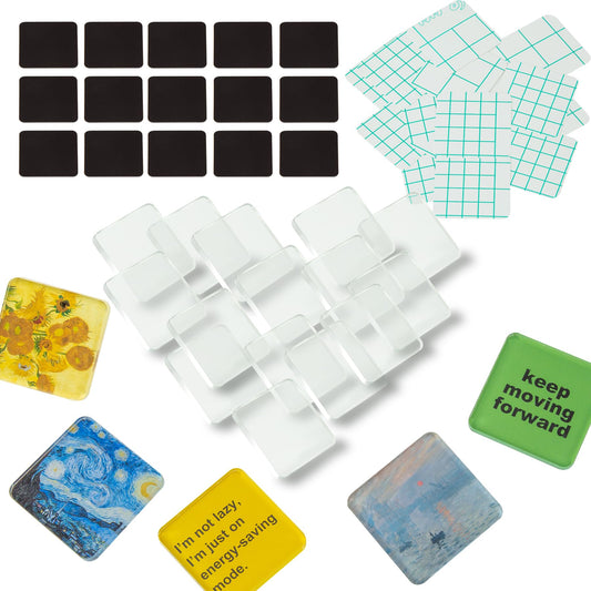 15 Pcs DIY Fridge Magnet Craft Set Acrylic Square Decorative Refrigerator Magnet with Adhesive Backing Ferrite Magnets for Office,Classroom,Cabinets,Kitchen(2 Inch,54 Piece)