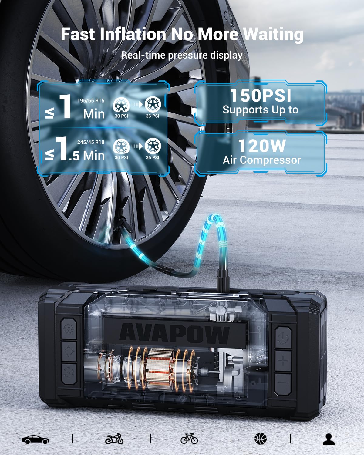 AVAPOW 8000A Jump Starter with Air Compressor, 150PSI 12V Portable Jump Box for All Gas & All Diesel Engines, 30W PD Fast Charging, 4" Smart Display, Heavy Duty Battery Starter with EVA Case
