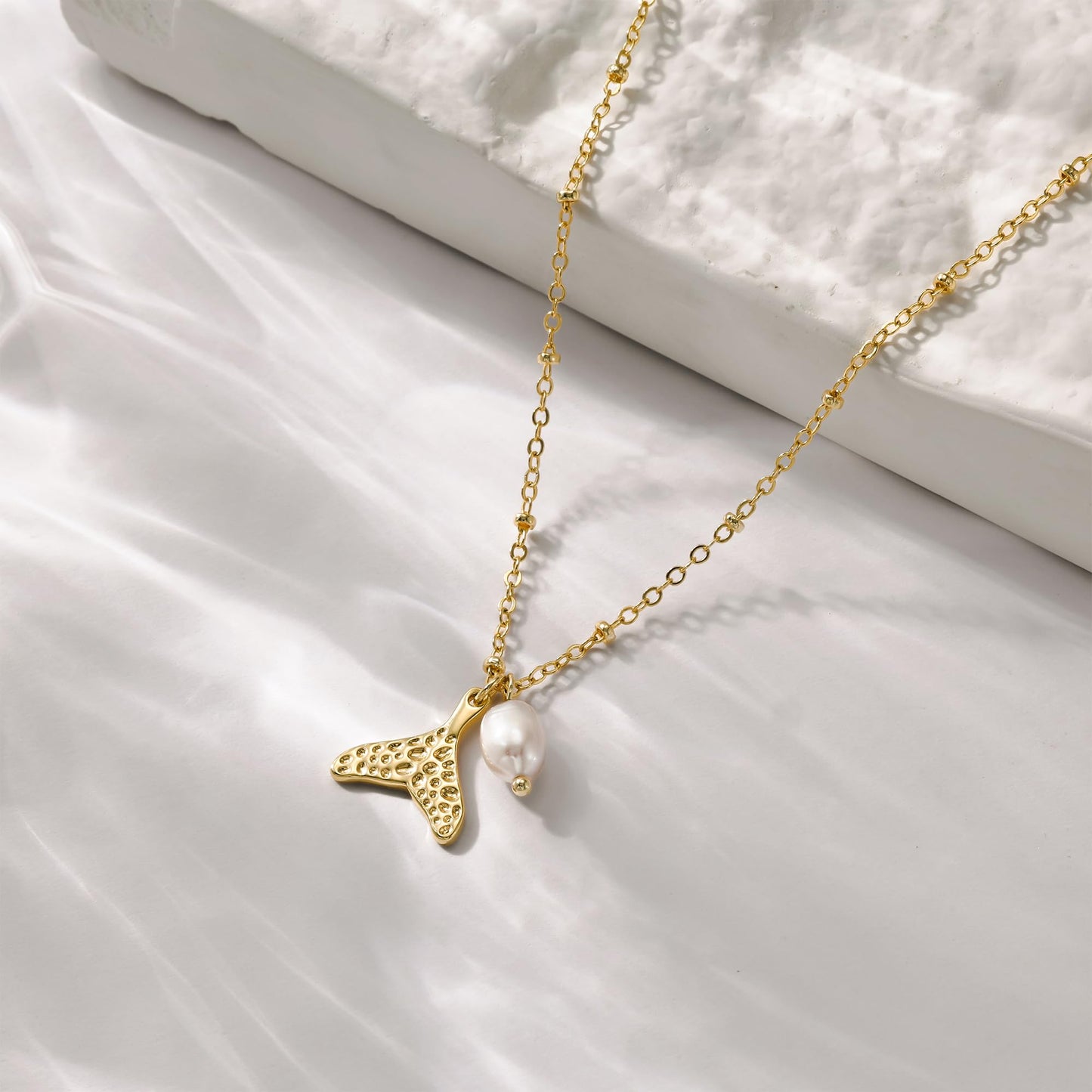 Picuzzy 14K Gold Plated Fish Pendant Necklace for Women Trendy, Sea Fish Tail Beach Necklace Ocean Coastal Tropical Nautical Vacation Summer Jewelry Pearl Accessories for Women