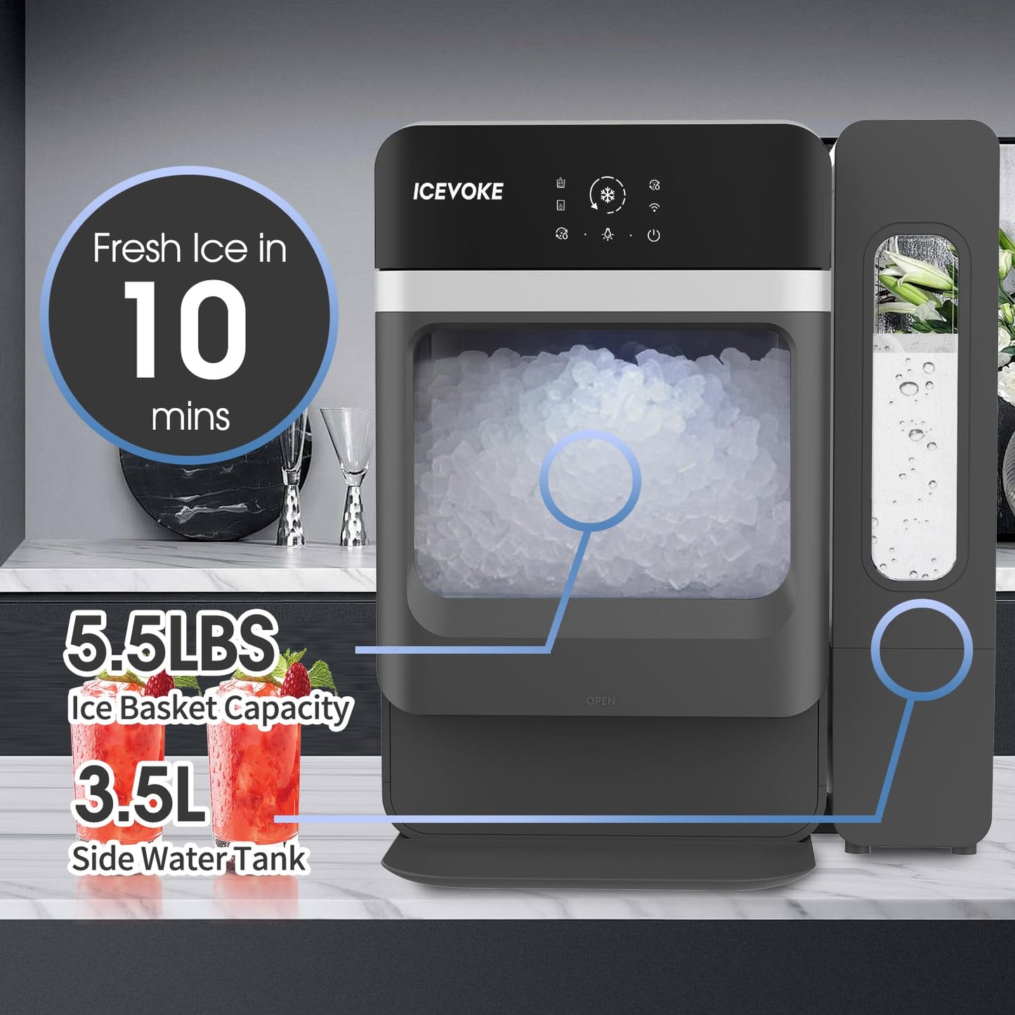ICEVOKE Nugget Ice Maker Countertop with Water Tank, Ready in 10 Mins, 34lbs Per Day, Auto-Cleaning, Chewable Ice Maker with Basket and Scoop, for Home/Party/RV/Camping (Black)