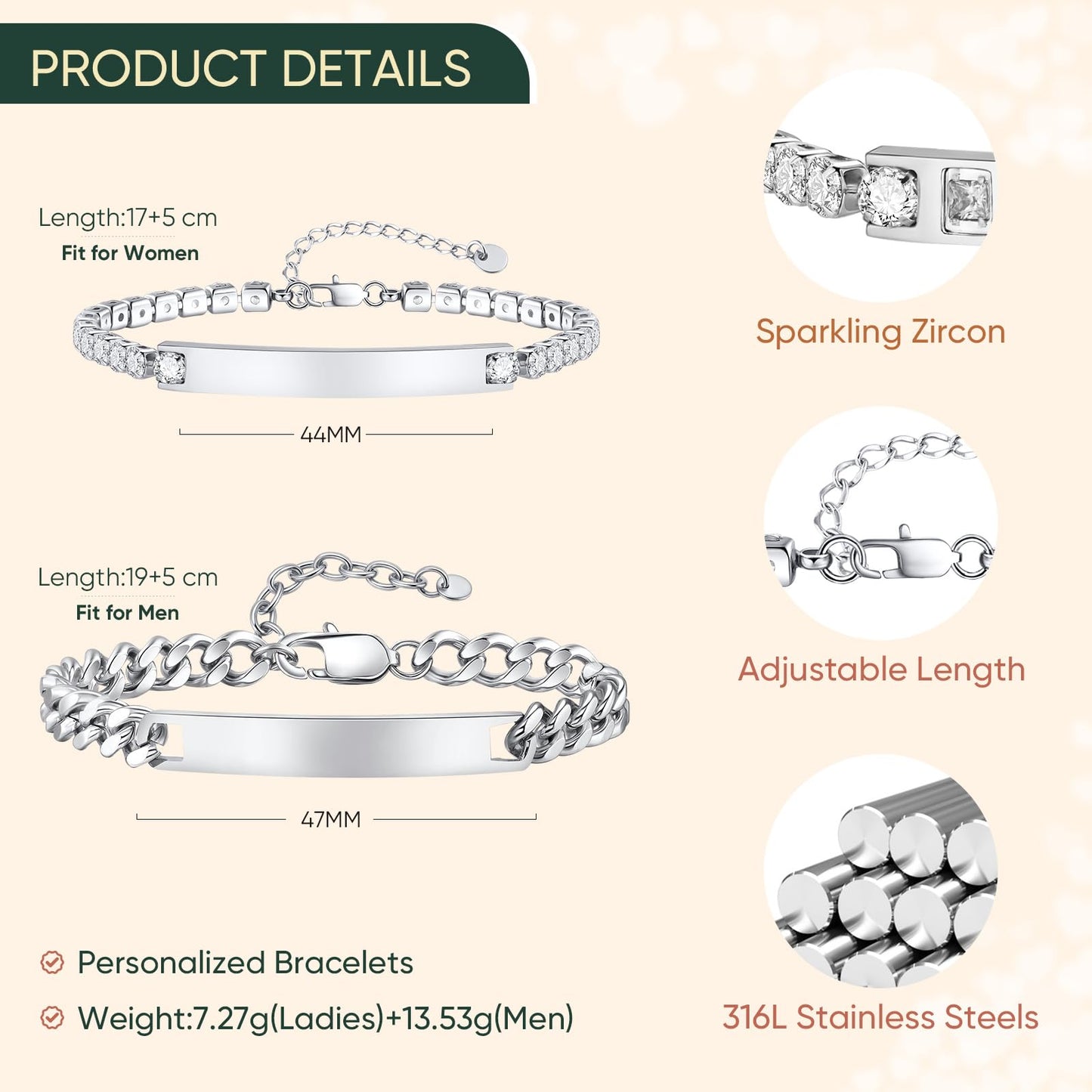 Personalized Matching Bracelet for Couple - Custom Engraving Couple Bracelet,Stainless Steel Long Distance Relationship Jewelry,Promise Bracelet for Him/Her,Valentine's Day Anniversary Birthday Gifts