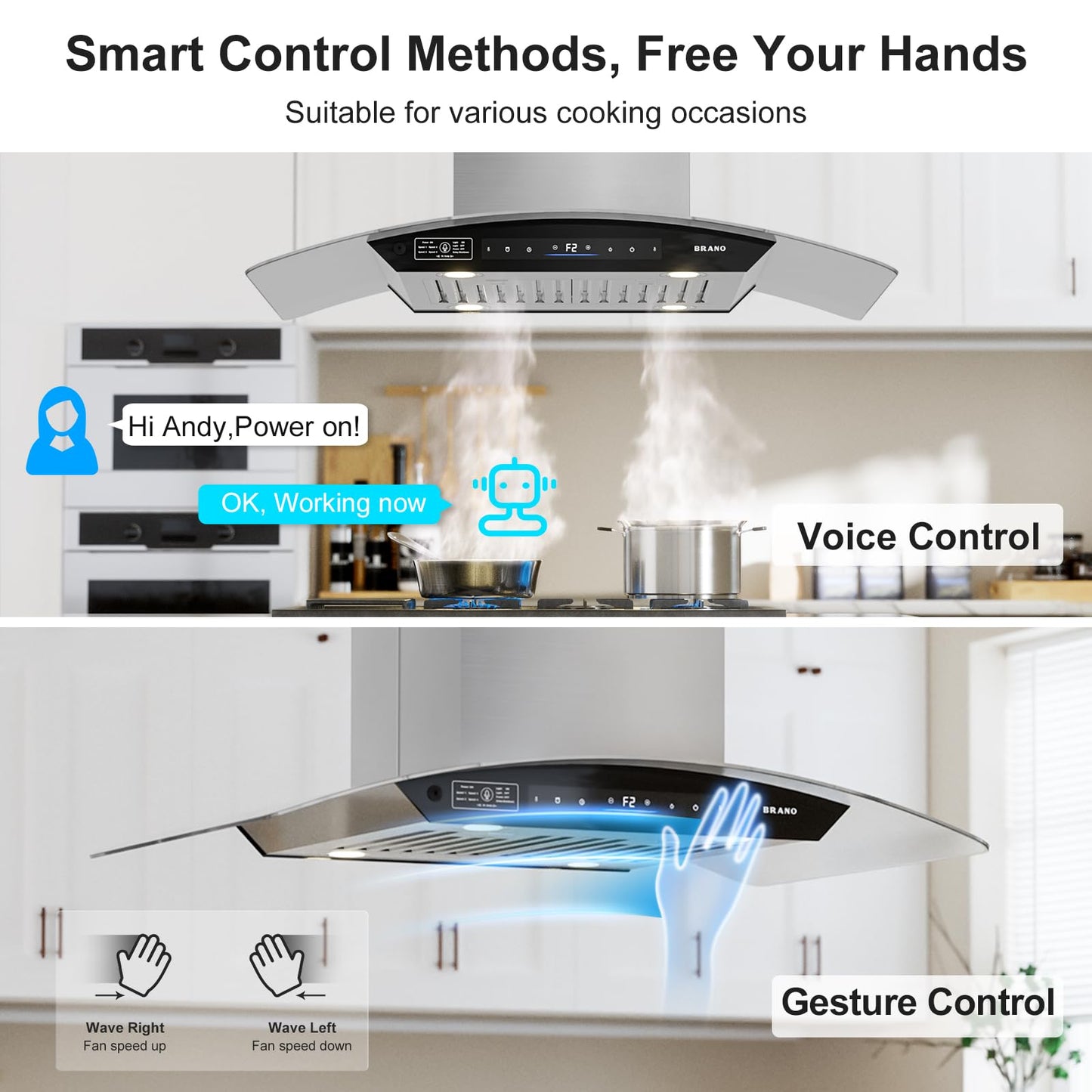 BRANO 36 Inch Island Range Hood, 900 CFM Voice/Gesture/Touch Control Ceiling Vent Hood with 4 Speed Exhaust Fan, 4 LED Lights, Memory Mode, Ducted/Ductless Convertible with 2 Charcoal Filter