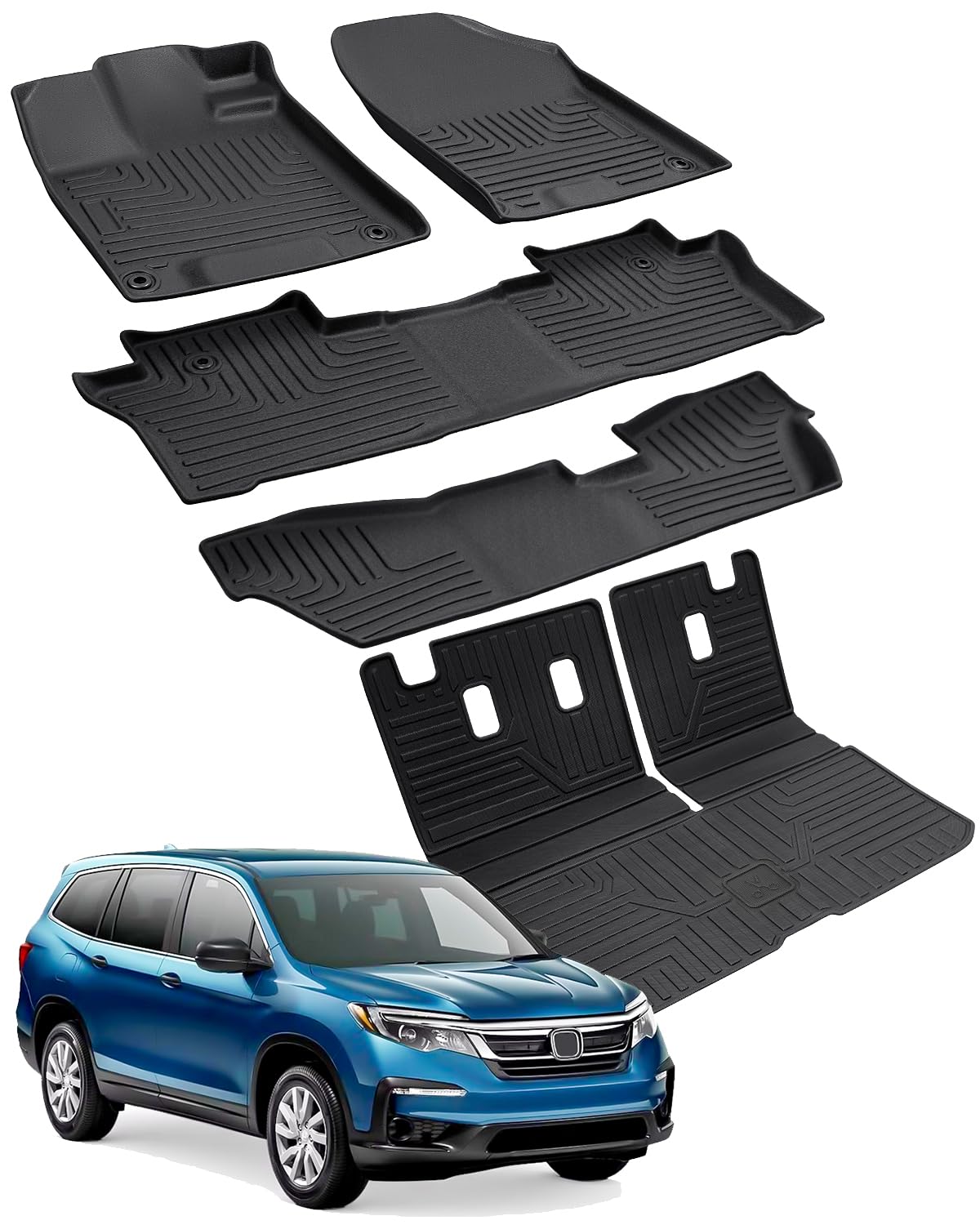 Floor Mats & Cargo Liner for Honda Pilot 2022 2021 2020 2019 2018 2017 2016, All Weather Floor Mats for Pilot 8 Seats, Trunk Mat with Backrest Mat for Pilot Accessories 2016-2022