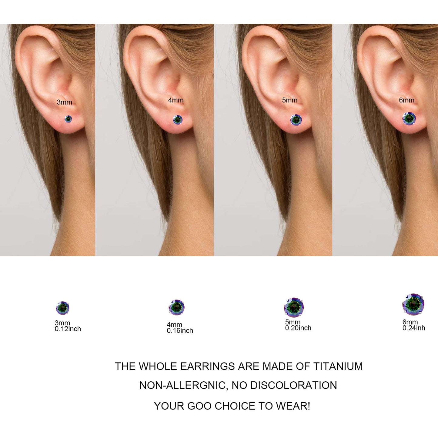 1 Pair Implant Grade Titanium Stud Earrings Set Hypoallergenic 3mm 4mm 5mm 6mm Cubic Zirconia G23 Titanium Earring Studs for Women Men for Sensitive Ear (4mm VM)