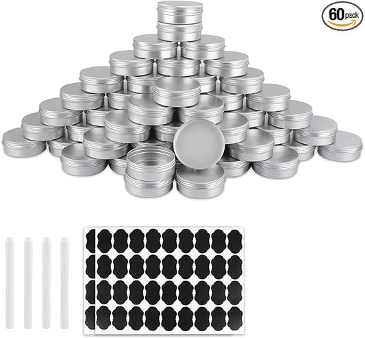 OBKJJ 60 Pack Round Cans with Screw Lid 4 Oz Aluminum Metal Tins DIY Food Candle Containers for Lotion Bars, Balms, Salve, Spices, Beard Balm, Crafts with 4 Markers 2 Sheets Label Stickers
