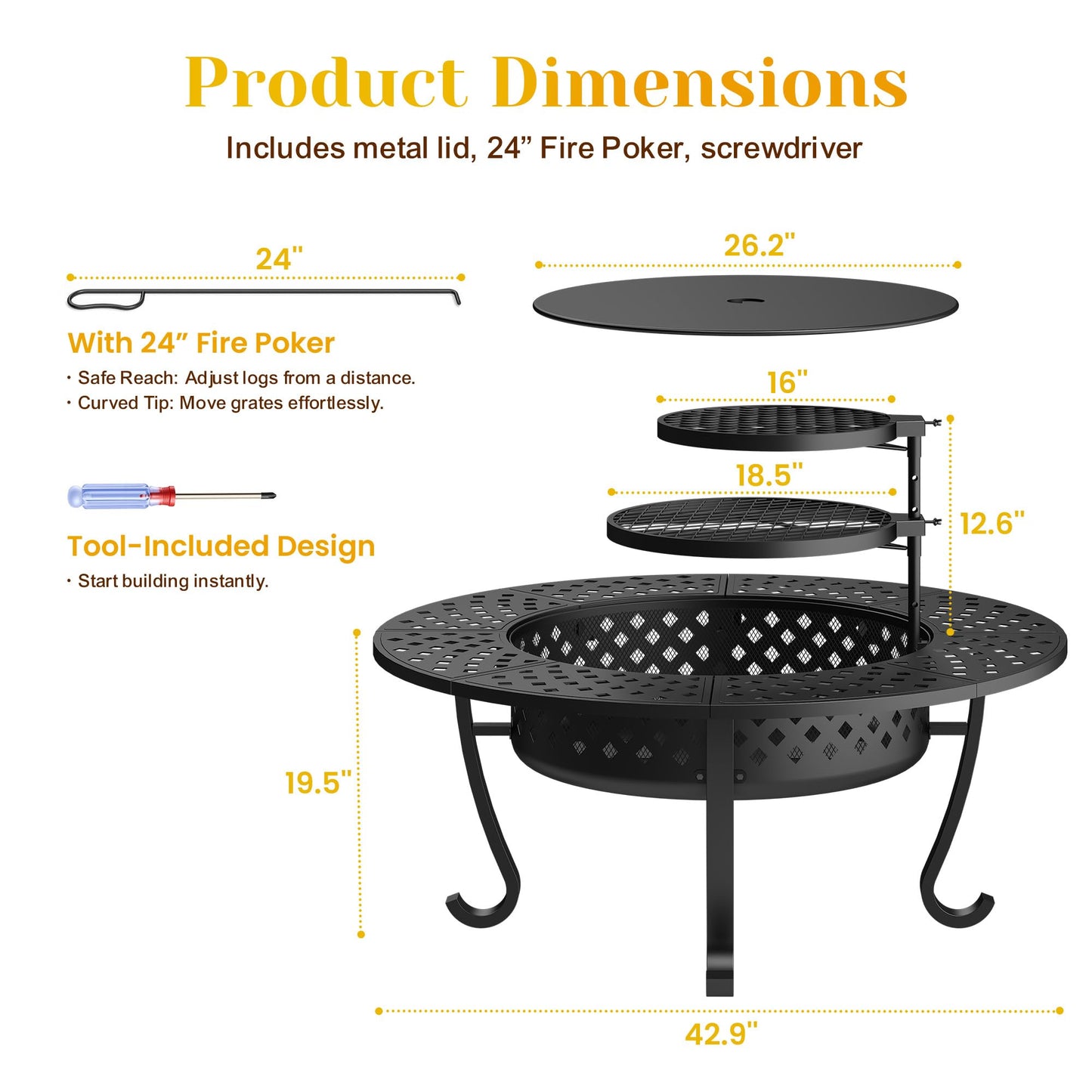 Outdoor Fire Pit, 43" Fire Pit for Outside Wood Burning with Adjustable 2 Grills, Outdoor Fireplace with Lid and Fire Poker, BBQ, Bonfire, Round Firepit 3 in 1 for Patio, Backyard, Garden, Black