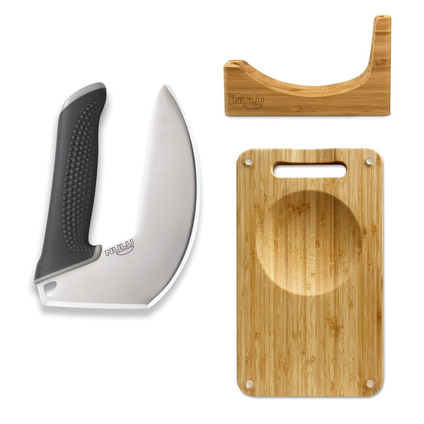 NULU Bundle Ergonomic Kitchen Knife Signature Bamboo Cutting Board and Bamboo Knife Dock