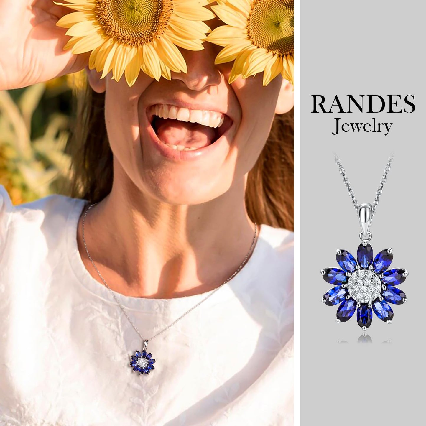 RANDES Sunflower Necklaces for Women 925 Sterling Silver Dainty Blue Sapphire Flower Necklace September Birthstone Necklace