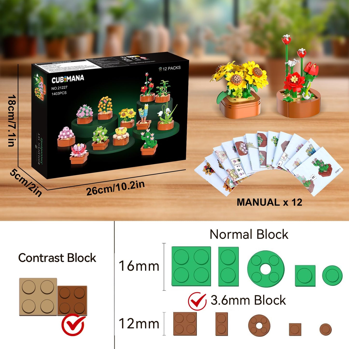 CUBIMANA 12 Pack Flowers Succulents Mini Building Set - 1403PCS Flower Botanical Collection for Home Office Décor 3.6MM Plant Blocks Toy, Easter Birthday Gifts for Adults Women Kids Girls10+