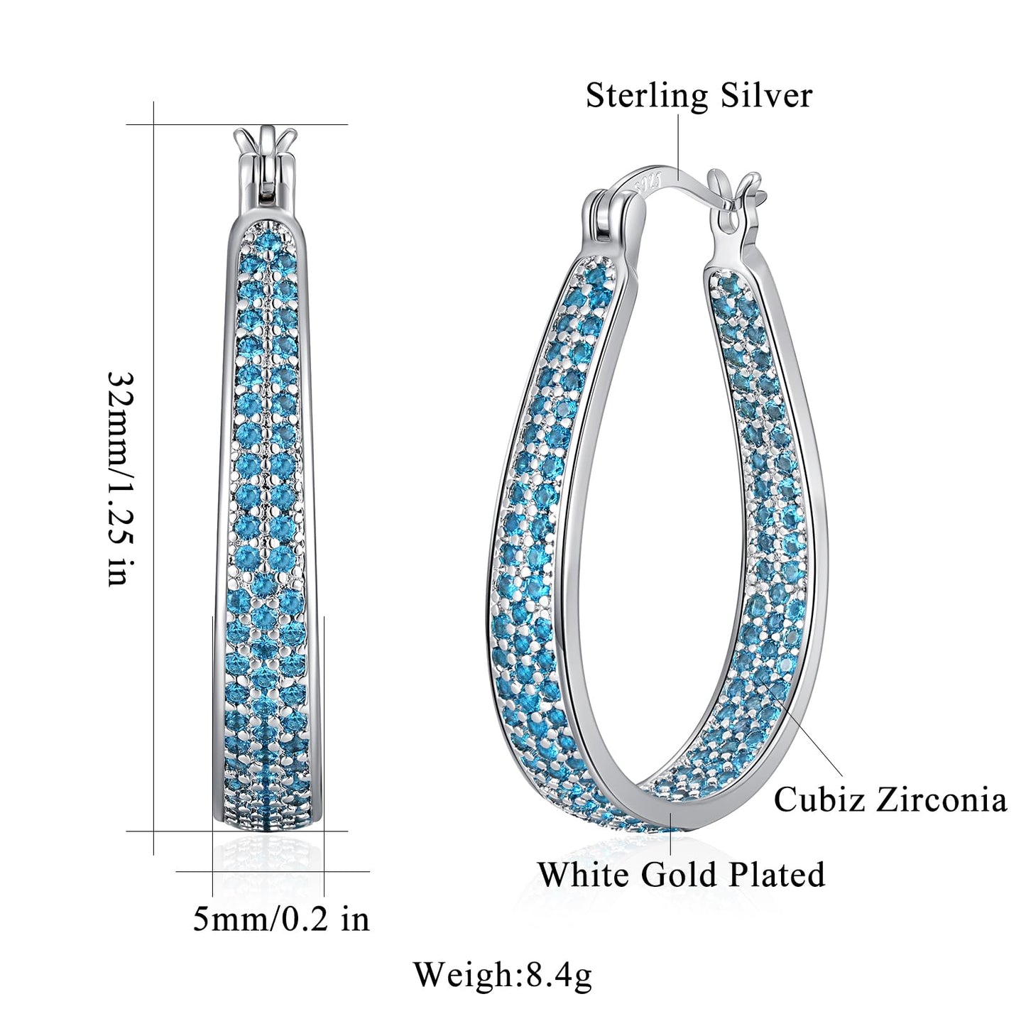 CiNily 925 Sterling Silver Post Hoop Earrings for Women Aquamarine Cubic Zirconia Hoop Earrings 14K White Gold Plated Oval Hoops Chunky Gemstone Earrings Jewelry